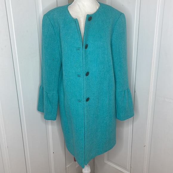 Talbots | Turquoise Wool Blend Flounce Sleeve Jacket - Picture 3 of 14